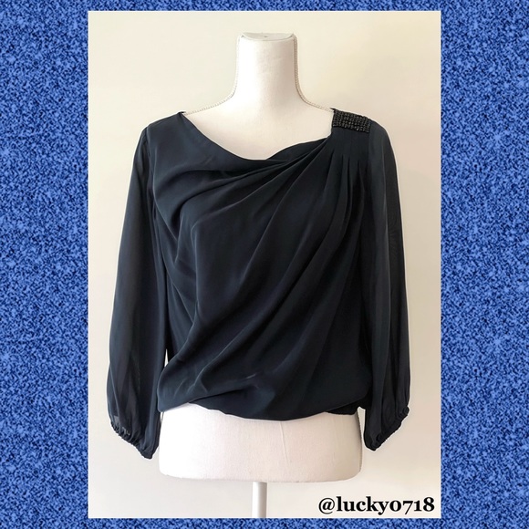 Alice + Olivia Tops - Alice + Olivia EUC Navy Silk Blouse w Beaded Detail at Shoulder Sz M